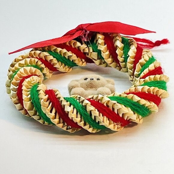 Vintage Christmas Ornament Straw Wreath With Teddy Bear Green & Red Wool Strings - Picture 9 of 12